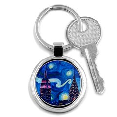 Starry Night In New York Van Gogh Manhattan Chrysler Building And Empire State Building Key Chain (round) by Sarkoni