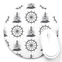Marine Nautical Seamless Pattern With Vintage Lighthouse Wheel Round Mousepad