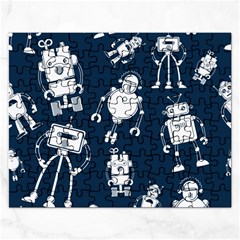 White Robot Blue Seamless Pattern Rectangular Jigsaw Puzzl by Hannah976