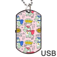 Seamless Pattern With Many Funny Cute Superhero Dinosaurs T-rex Mask Cloak With Comics Style Inscrip Dog Tag Usb Flash (two Sides)