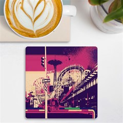 Pink City Retro Vintage Futurism Art Uv Print Square Tile Coaster  by Ket1n9