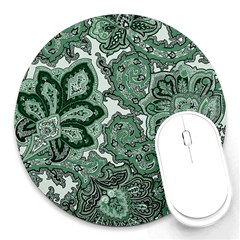 Green Ornament Texture, Green Flowers Retro Background Round Mousepad by nateshop