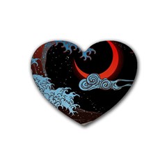 Night In The Ocean Red Waves Art Moon Dark Japanese Wave Rubber Heart Coaster (4 Pack) by Perong