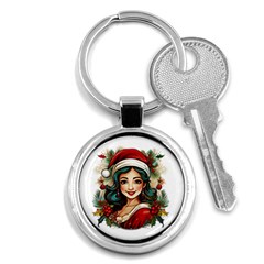 Young Woman With Santa Claus Clothes Isolated Illustration Wb Key Chain (round) by dflcprintsclothing
