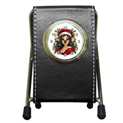 Young Woman With Santa Claus Clothes Isolated Illustration Wb Pen Holder Desk Clock by dflcprintsclothing