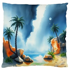 Delicate Watercolor Painting Surreal Oasis Scene With Intense Dramatic Lighting Large Cushion Case (one Side) by pollyparadiseartshop