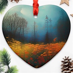 Wildflowers Field Outdoors Clouds Trees Cover Art Storm Mysterious Dream Landscape Heart Ornament (two Sides) by Posterlux