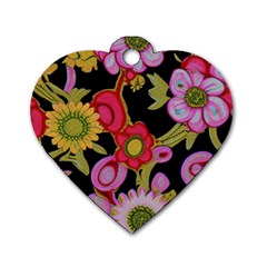 Mid Century Retro Floral 1970s 1960s Pattern 70 Dog Tag Heart (one Side)